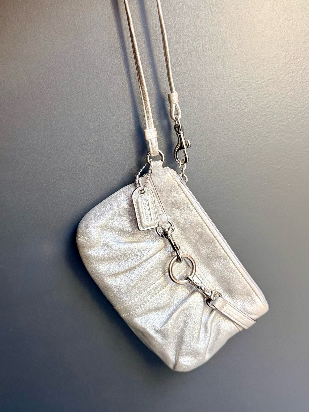 Coach Soho Pleated Metallic Silver/Champagne Leather Wristlet Clutch